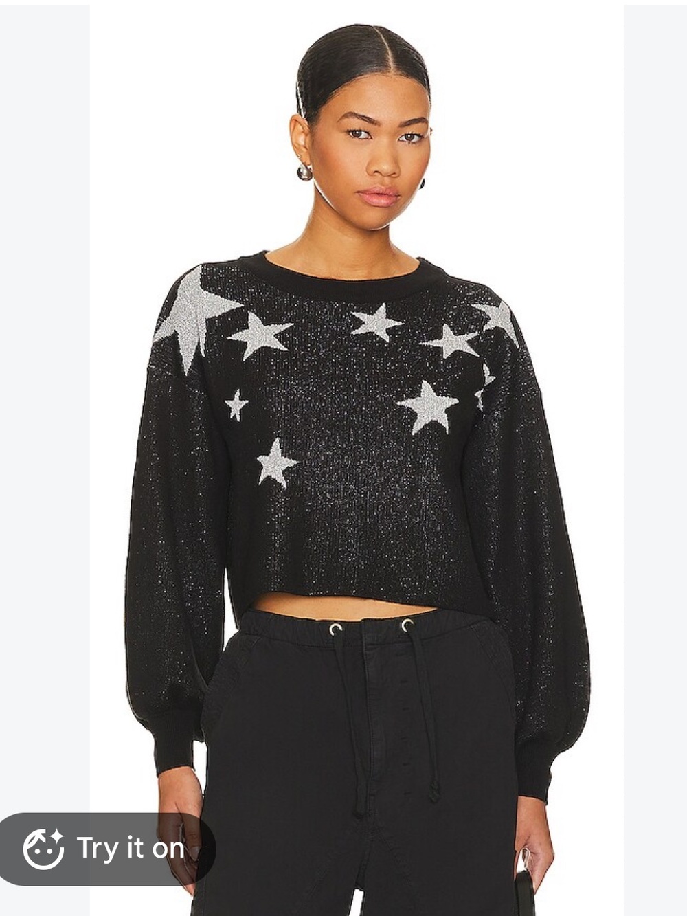 Beach Riot Ava Shimmer Black Cropped Sweater with Silver Star Motif